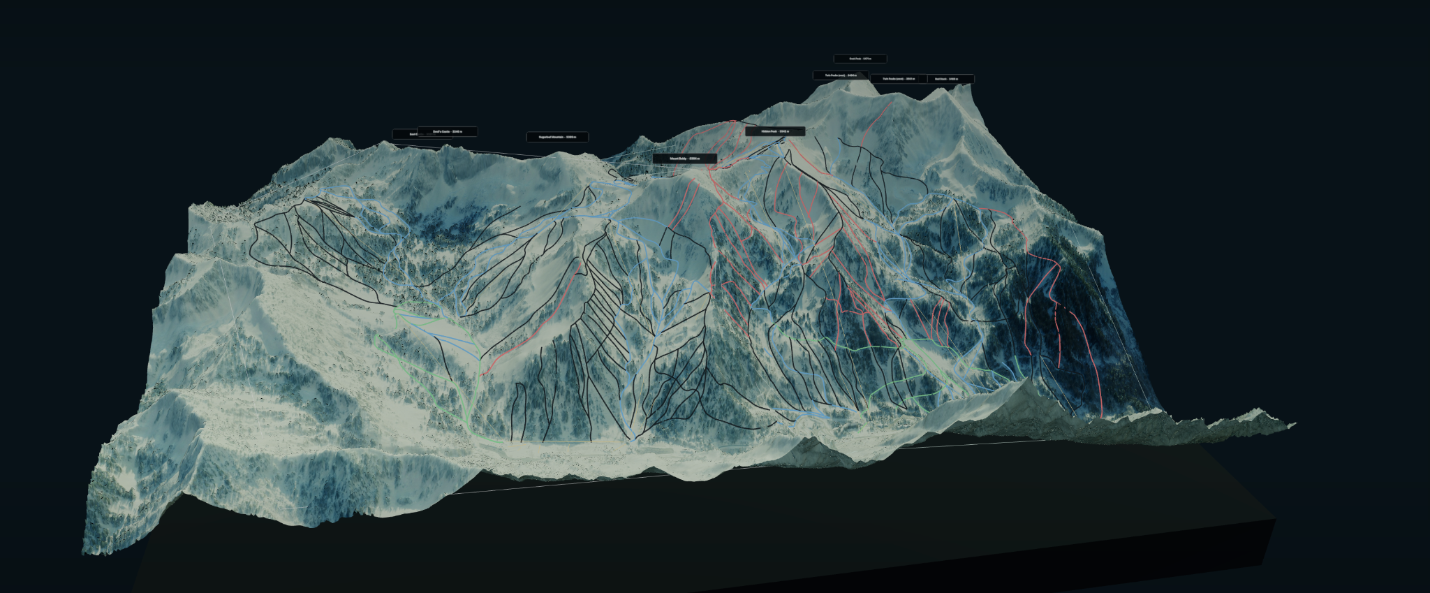 Snow-textured aerial terrain view of Snowbird and Alta